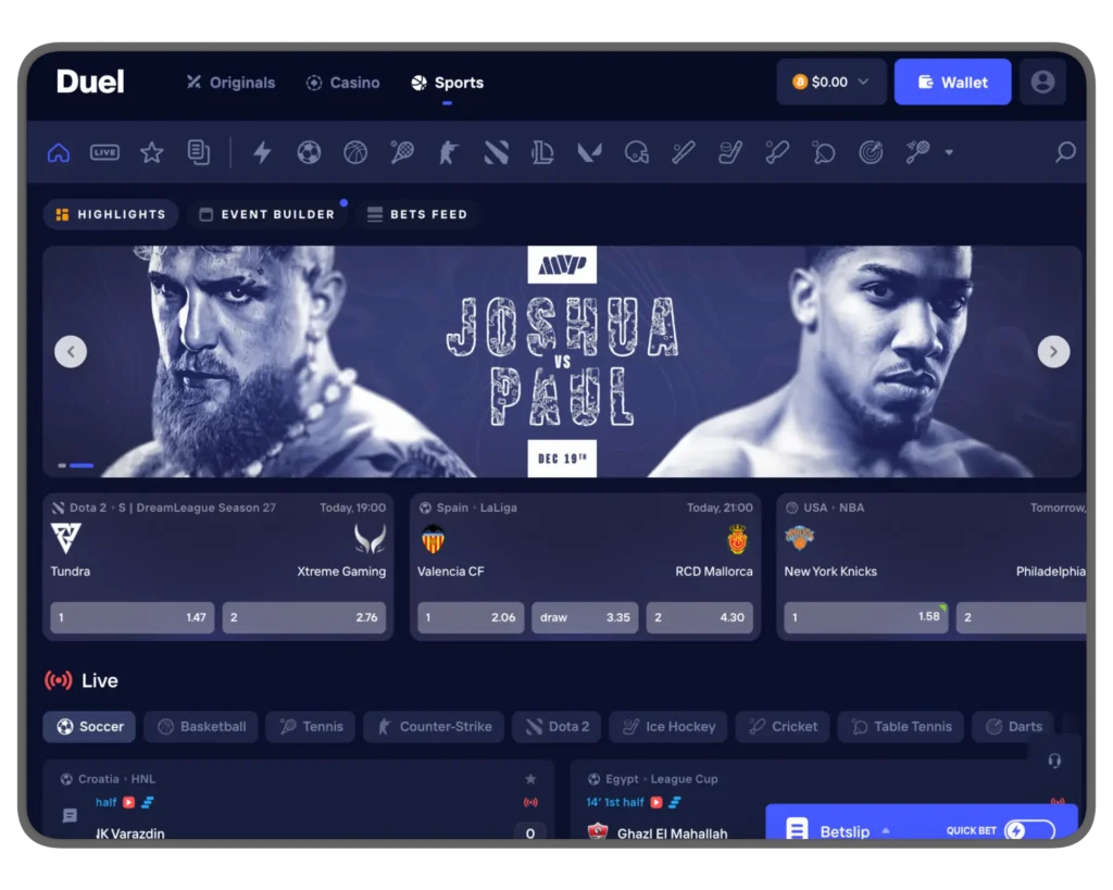 Duel Sports Betting main screen